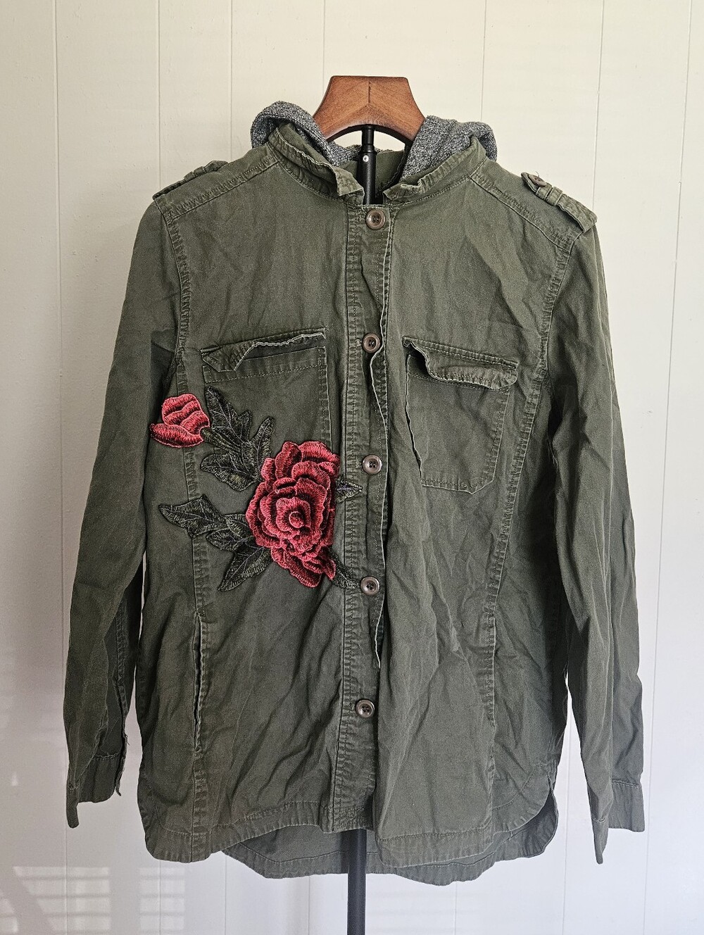 Active USA Women's Olive Green Embroidered Military Jacket with Hood Size Medium